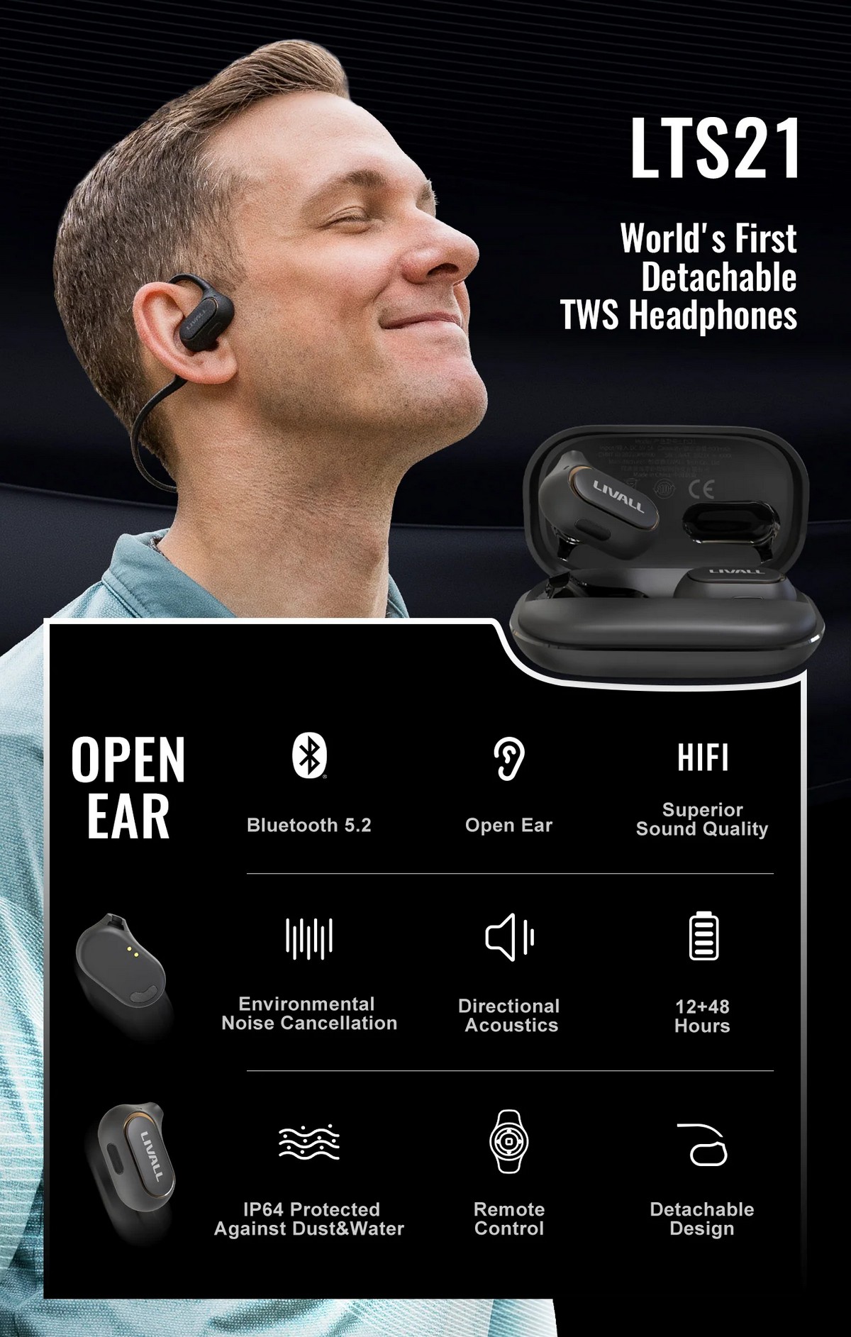 Sports trådløse hovedtelefoner med bluetooth - aftageligt åbent øre design