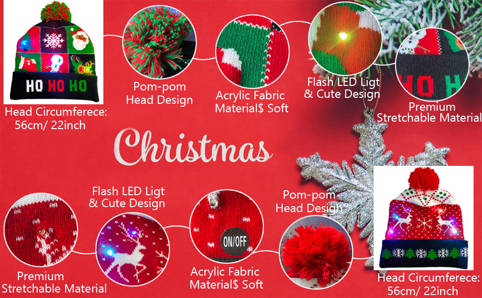 Unisex strikhue til vinter med forskellige designs oplyst med LED-lys