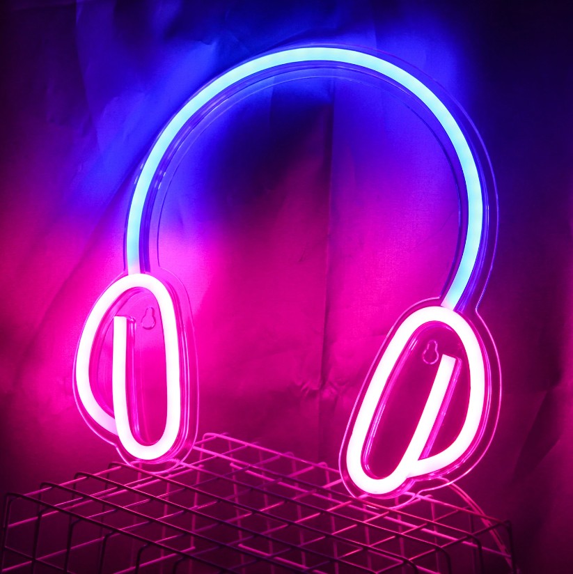 hovedtelefoner - oplyst LED neonskilt logo hængende på væggen