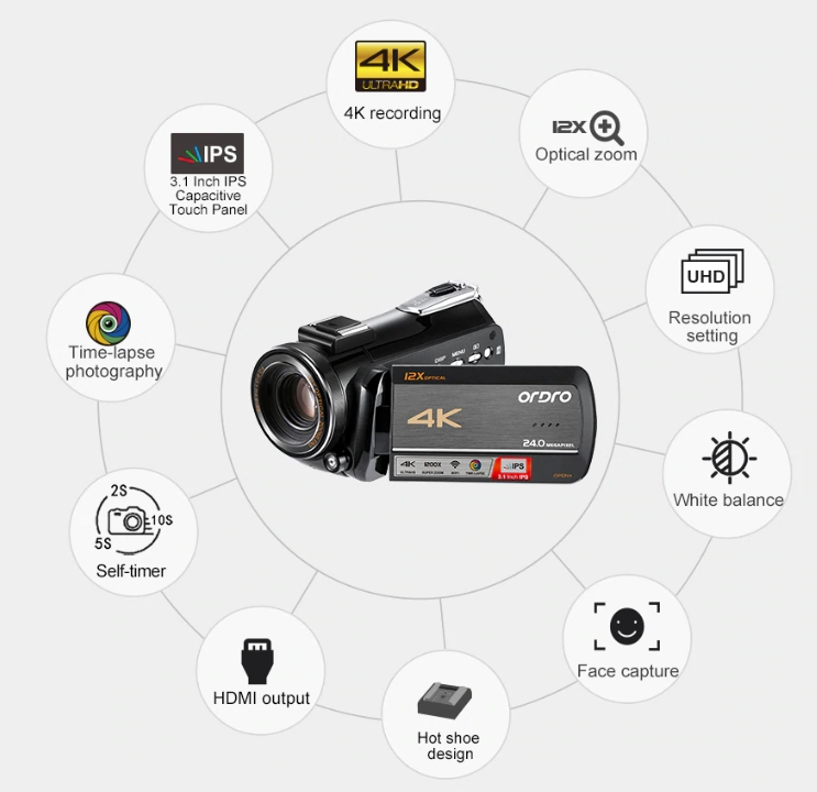 4K-kamera Ordro AC5 med 12x optisk zoom, WiFi + makroobjektiv LED-lys + etui (FULL SET) | Cool Mania