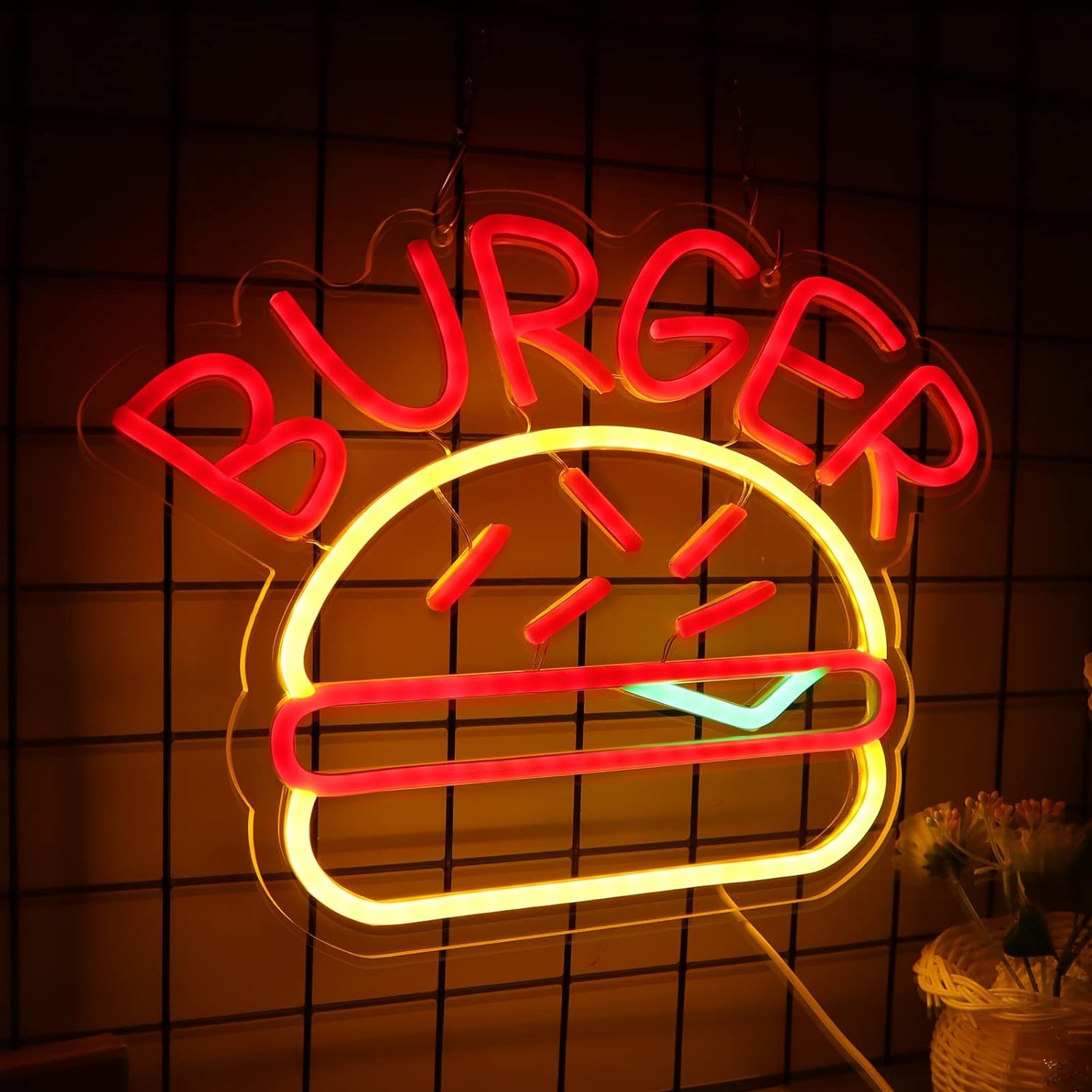 burgerbelysning neonskilt logo på væggen